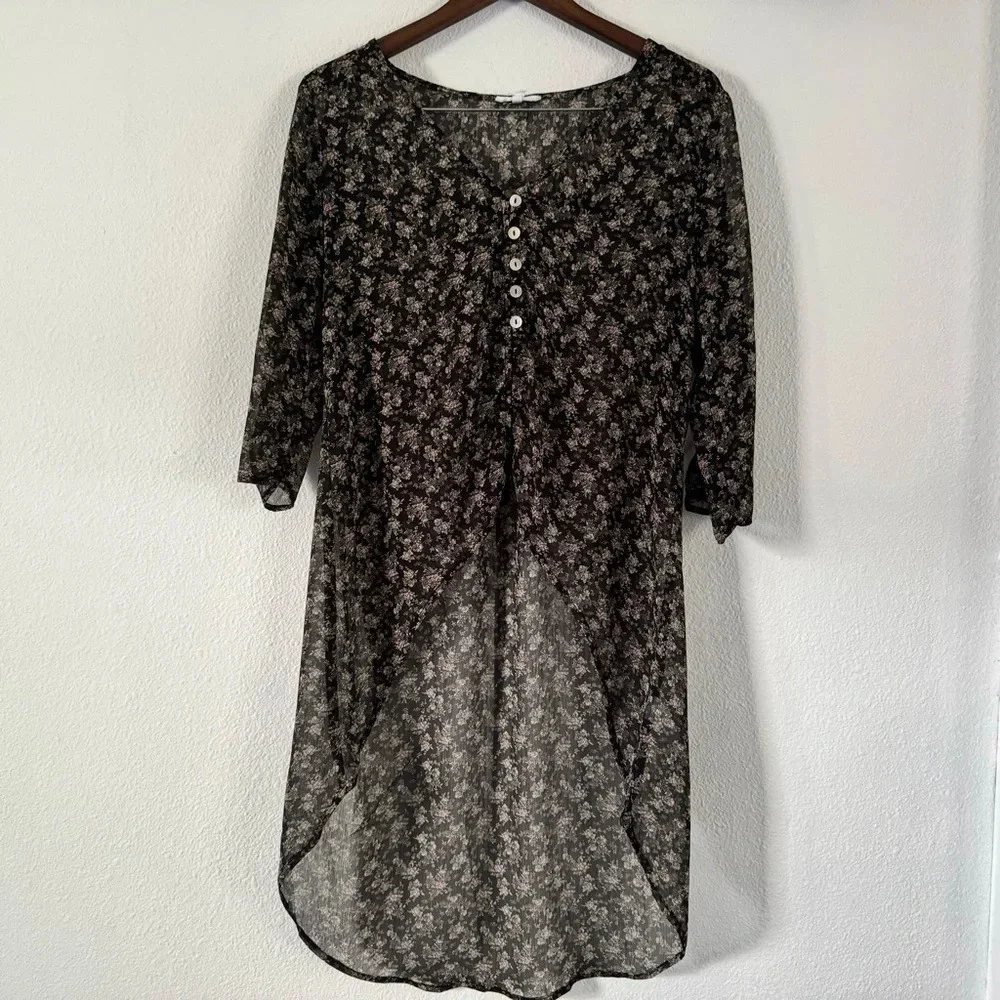 Boho Floral Kimono Blouse Sheer High Low Button Front Dressy Top Small - Picture 13 of 14